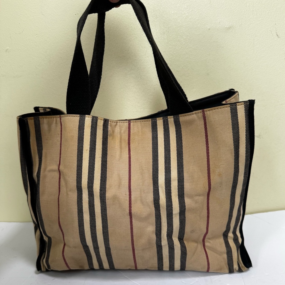 Burberry Vintage Striped Canvas Toto Bag Satchel Handbag Nova Check Cotton Tan
